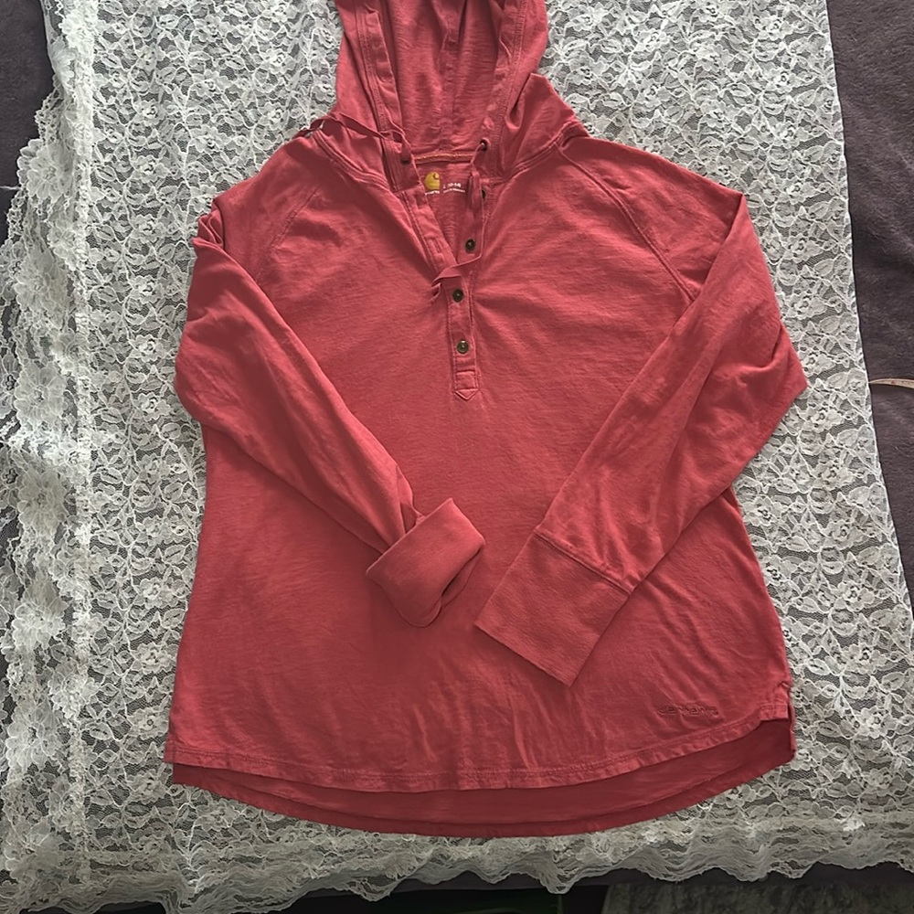 Carhartt beautiful salmon color hooded long sleeved tee 109% cotton sz lg - Picture 3 of 5
